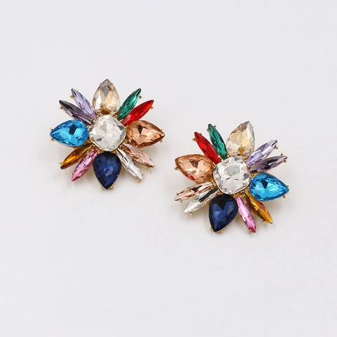 Colorful Crystal Flower Stud Earrings Alloy Rhinestone Bohemian Luxury Oversized Floral Ear Jewelry For Women Fashion
