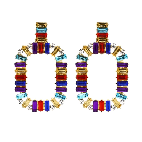 Boucles D'oreilles Pendantes Rectangulaires Géométriques Strass Colorés Alliage De Zinc Style Bohème Bijoux De Mode Vintage