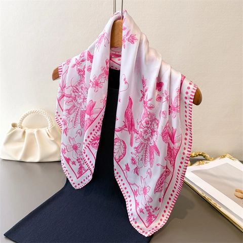 Elegant Square Scarf For Women Floral Bird Print Polyester Satin French Retro Style Shawl Headscarf Versatile Accessory