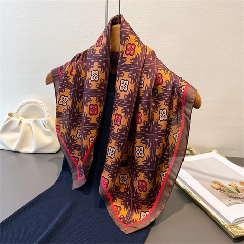 Vintage Quadratischer Schal Mit Geometrischem Blumendruck Eleganter KunstSatinnsatin Halstuch Kopftuch Schicke Modeaccessoires