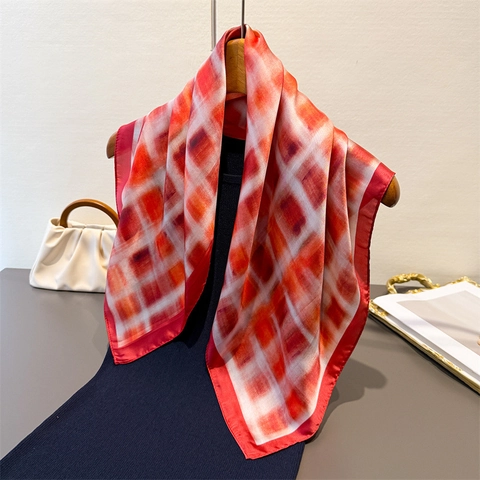 Vintage Plaid Print Square Scarf Satin Polyester Satin Like Elegant Headscarf Shawl For Women Neck Hair Tie Accessories