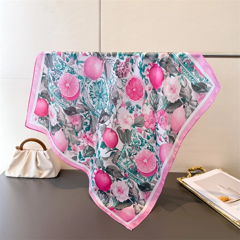 Women Square Scarf Imitation Satin Satin Elegant Floral Lemon Fruit Print Mediterranean Style Lightweight Neck Headscarf Shawl