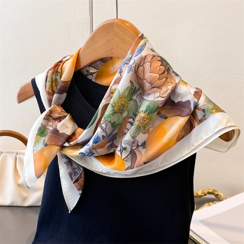 Women Square Scarf Imitation Satin Satin Elegant Floral Lemon Fruit Print Mediterranean Style Lightweight Neck Headscarf Shawl