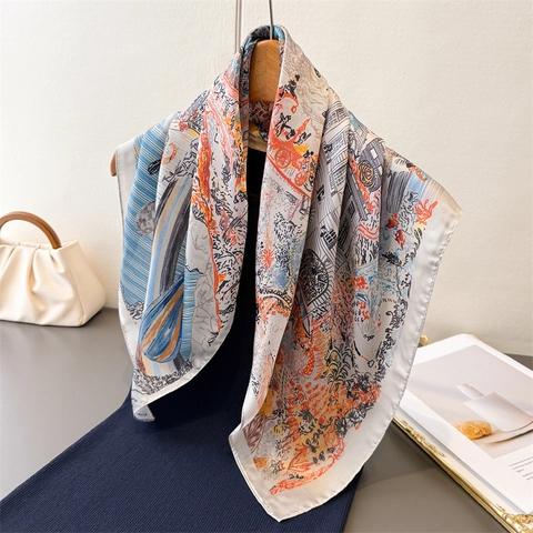 Quadratischer Schal Satin Polyester Illustrationsdruck Retro Architektur Französischer Stil Eleganter Foulard Damen