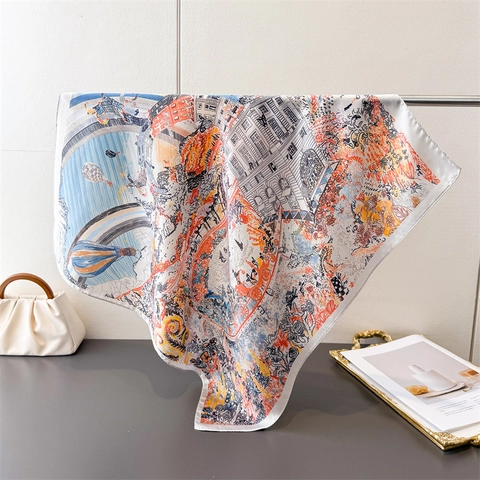 Quadratischer Schal Satin Polyester Illustrationsdruck Retro Architektur Französischer Stil Eleganter Foulard Damen