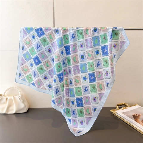 Square Scarf Stamp Print Satin Like Satin Bandana Tropical Ocean Pattern Head Scarf Shawl For Women Summer Vacation
