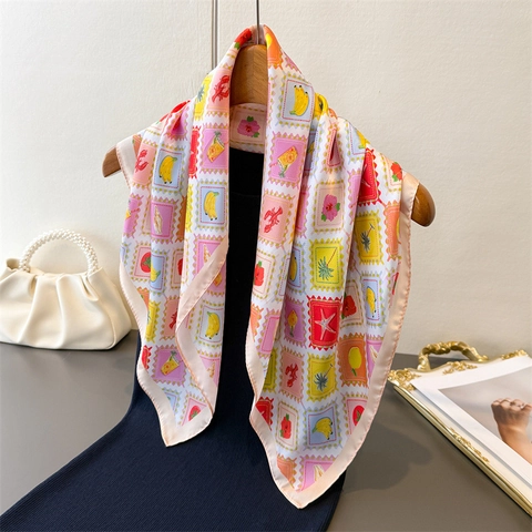 Square Scarf Stamp Print Satin Like Satin Bandana Tropical Ocean Pattern Head Scarf Shawl For Women Summer Vacation