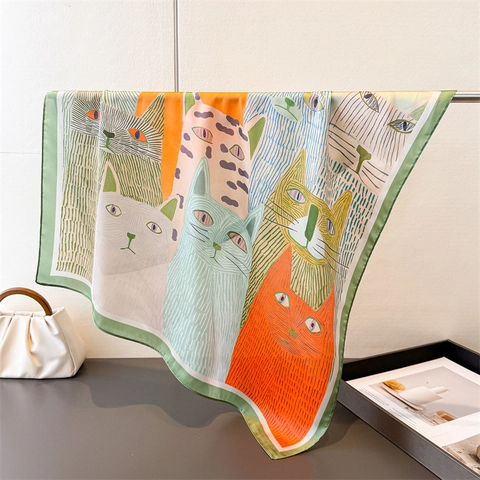Modieuze Schattige Kat Print Satijn Vierkante Sjaal Voor Vrouwen Kleurrijke Polyester Kunstzijde Bandana Hoofddoek Accessoires
