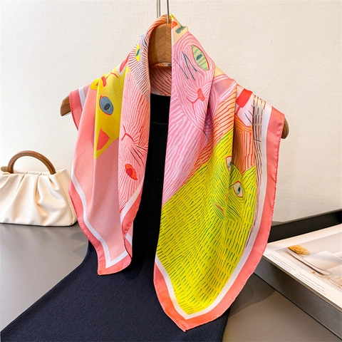 Modieuze Schattige Kat Print Satijn Vierkante Sjaal Voor Vrouwen Kleurrijke Polyester Kunstzijde Bandana Hoofddoek Accessoires
