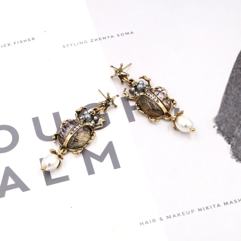 Vintage Käfer Tropfenohrringe Mit Kunstperle Abalone Schale Strass Stern Lange Baumeln Schmuck Für Frauen
