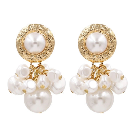 Vintage Alloy Imitation Artificial Pearl Cluster Drop Earrings With Hammered Metal Round Top Elegant Statement Jewelry For Women