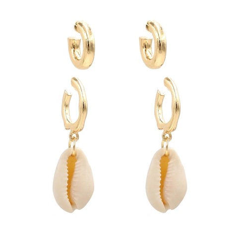 C Shaped Metal Hoop Earrings With Natural Cowrie Shell Pendants Bohemian Beach Fashion Gold Color For Women