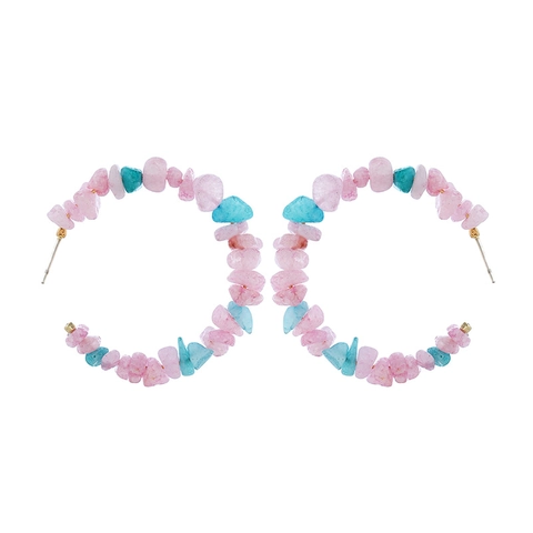 Bohemian C-Shaped Hoop Earrings With Mixed Crushed Stones And Stainless Steel Earring Post Handmade Ethnic Vintage Jewelry