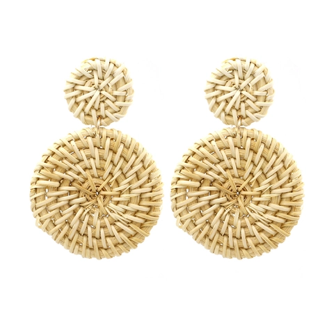 Bohemian Handmade Woven Rattan Earrings For Women Minimalist Natural Round Straw Drop Earrings Beach Vacation Fashion Jewelry