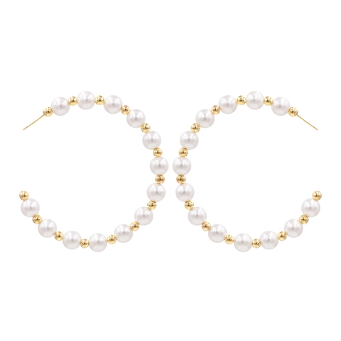 Elegant C Shaped Hoop Earrings White Imitation Artificial Pearl Gold Alloy Beaded French Vintage Style Minimalist Jewelry For Women