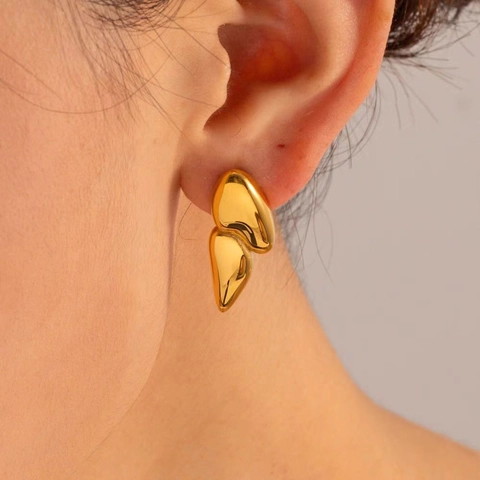 Irregular Double Layer Teardrop Ear Studs Minimalist Liquid Metal Geometric Polished Brass 18K Gold Plated For Women