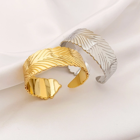 Wheat Ear Feather Pattern Cuff Bracelet 18K Gold Plated Copper Open Adjustable Minimalist Fashion Jewelry For Women