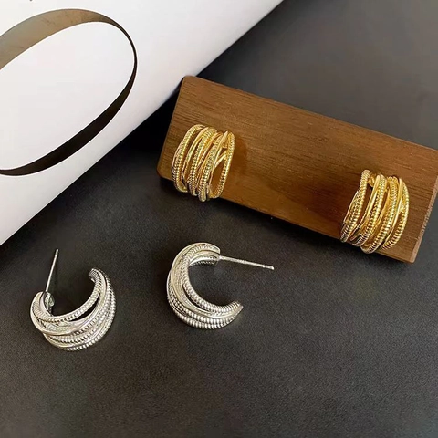 Mehrlagige C-Förmige Ohrringe 18K Vergoldetes Kupfer Mit 925 Sterling Silber Ohrstecker Für Damen
