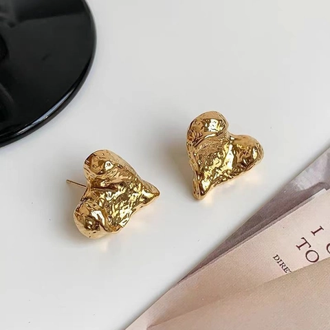 Irregular Heart Stud Earrings Hammered Lava Texture Copper With 925 Sterling Silver Earring Post Light Luxury Jewelry