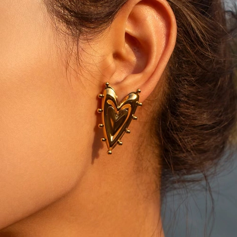 Orecchini A Lobo Cuore Oro 18K Placcato Rame Geometrico Metallo Esagerato Bordo Perlato Elegante Per Donne