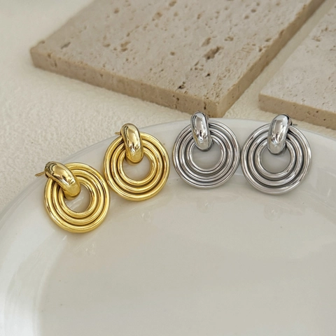 Boucles D'oreilles Géométriques À Disques Ronds Multicouches En Cuivre Plqué Brillant Style Minimaliste Bijoux Femme