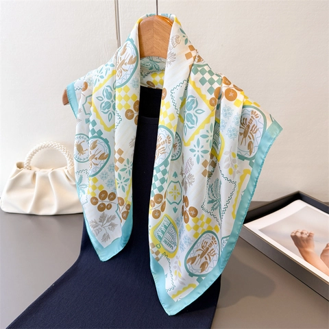 Square Scarf Imitation Satin Polyester Digital Print Ocean Tropical Pattern Retro Versatile Headscarf Neck Shawl For Women