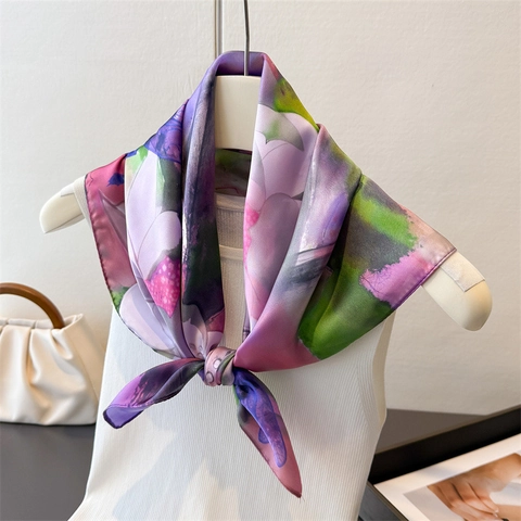 Foulard Quadrato Con Stampa Artistica Di Loto E Libellula Imitazione Raso Satana Bandana Scialle Chic Accessorio Elegante