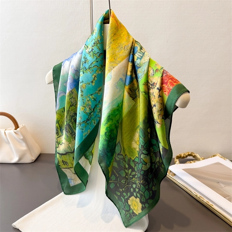 Women Oil Painting Print Satin Scarf Square Headscarf Artistic Van Gogh Style Satin Neck Scarf Versatile Elegant Accessory