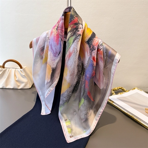 Women Elegant Square Scarf Oil Painting Floral Print Imitation Satin Satin Headscarf Shawl Fashion Versatile Neck Scarf