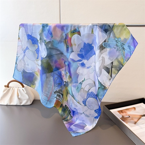 Foulard Quadrato Con Stampa Artistica Di Loto E Libellula Imitazione Raso Satana Bandana Scialle Chic Accessorio Elegante