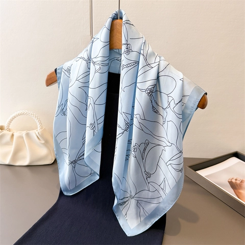 Sciarpa Quadrata Elegante Raso Imitazione Raso Stampa Linea Floreale Versatile Foulard Collo Fascia Capelli Donna Accessorio Chic
