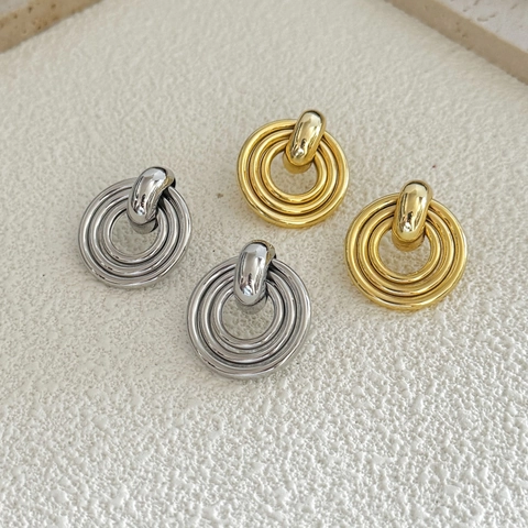 Boucles D'oreilles Géométriques À Disques Ronds Multicouches En Cuivre Plqué Brillant Style Minimaliste Bijoux Femme