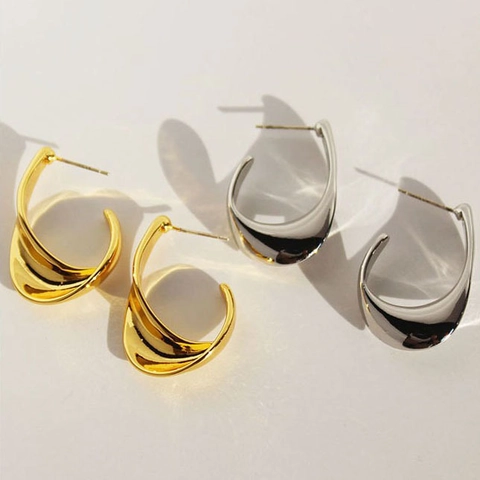 Onregelmatige Geometrische Hoop Oorbellen Met 925 Sterling Zilveren Oorknopje Minimalistische Golf C Vorm Koperen Sieraden