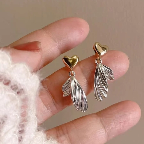 Heart Fishtail Dangle Earrings With 925 Sterling Silver Earring Post Contrast Color Pleated Wing Jewelry For Women