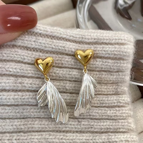 Heart Fishtail Dangle Earrings With 925 Sterling Silver Earring Post Contrast Color Pleated Wing Jewelry For Women
