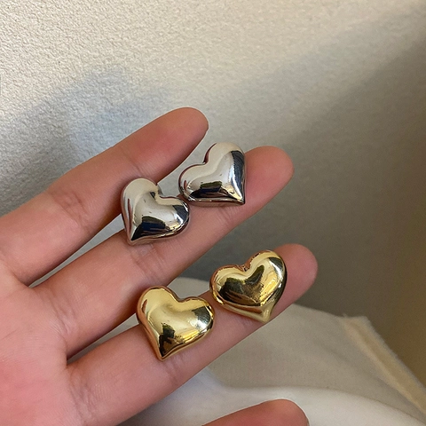 Heart Stud Earrings With 925 Sterling Silver Earring Post Minimalist Puffy 3D Copper Polished Fashion Jewelry For Women