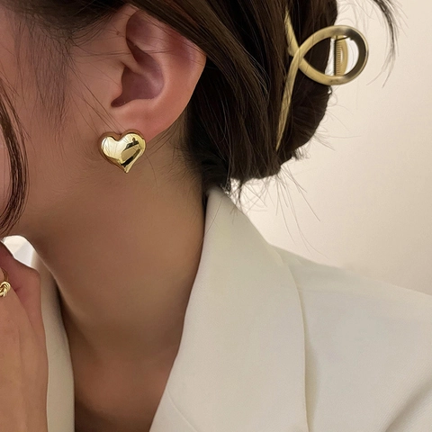 Heart Stud Earrings With 925 Sterling Silver Earring Post Minimalist Puffy 3D Copper Polished Fashion Jewelry For Women
