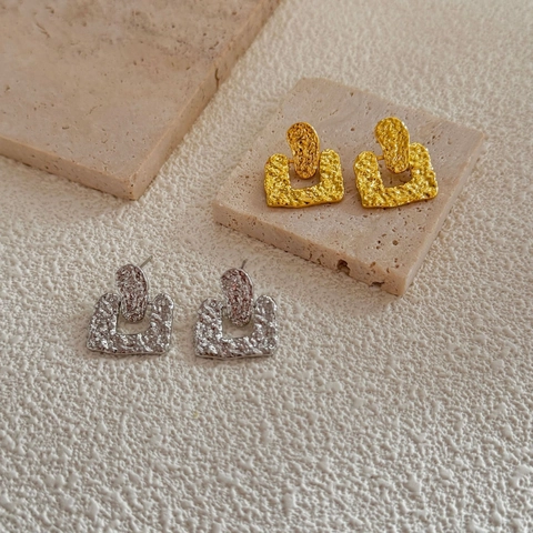 Geometric Hammered Square Earrings Copper 18K Gold Plated Irregular Textured Drop Jewelry For Women Minimalist