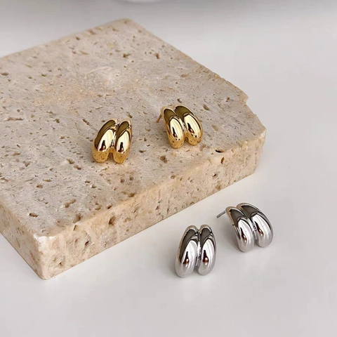 Minimalist Double Layer Water Drop Stud Earrings With Silver Earring Post Copper Liquid Metal Wave Jewelry For Women