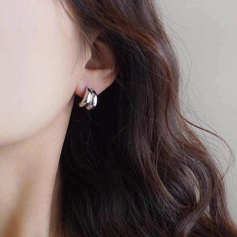 Minimalist Double Layer Water Drop Stud Earrings With Silver Earring Post Copper Liquid Metal Wave Jewelry For Women