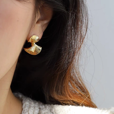 Abstract Geometric Stud Earrings For Women Twisted Crumpled Fan Shape Brass With Silver Earring Post Hammered Texture