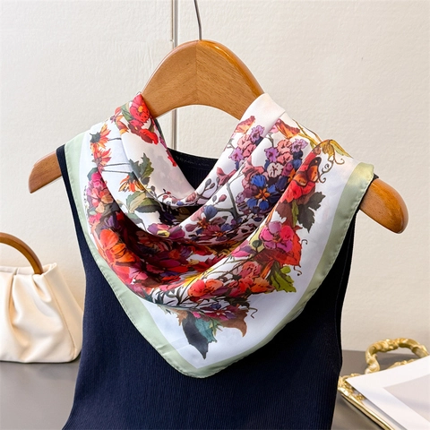 Foulard Quadrato In Satin Da Donna Stampa Floreale Bordo A Contrasto Bandana Sciarpa Moda Accessorio Elegante