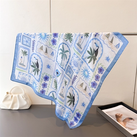 Women Tropical Print Square Scarf Satin-Like Satin Polyester Neck Kerchief Head Wrap For Beach Vacation Fashion Accessory