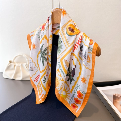 Women Tropical Print Square Scarf Satin-Like Satin Polyester Neck Kerchief Head Wrap For Beach Vacation Fashion Accessory