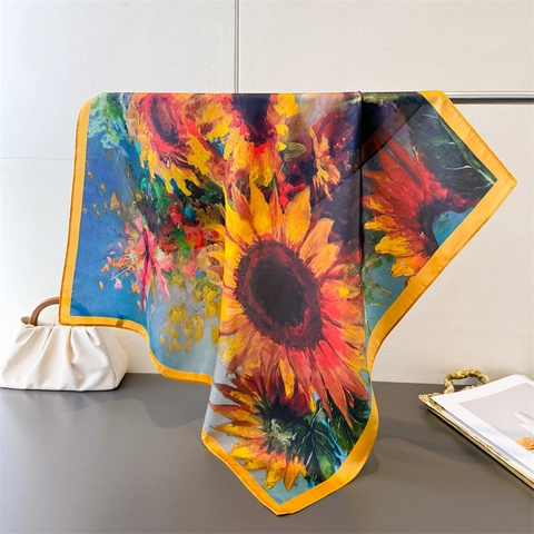 Vintage Artistic Oil Painting Sunflower Print Satin Square Scarf For Women Fashionable Hair Bandana Head Wrap Neck Scarf Accessory