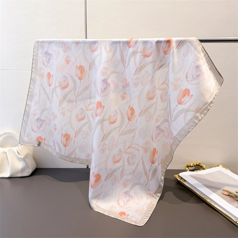 Elegant Tulip Floral Print Square Scarf Satiny Polyester Satin Neck Head Wrap Versatile French Retro Accessory