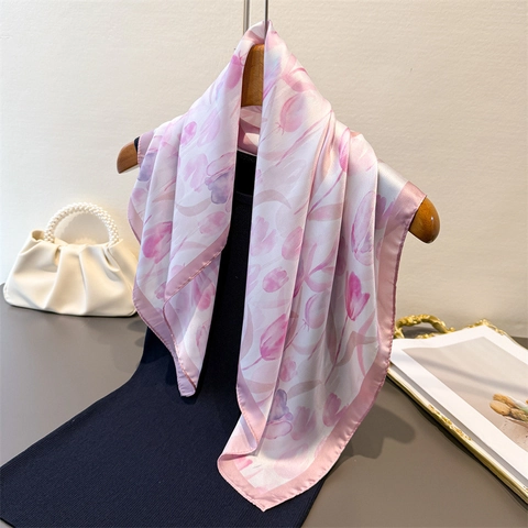 Elegant Tulip Floral Print Square Scarf Satiny Polyester Satin Neck Head Wrap Versatile French Retro Accessory