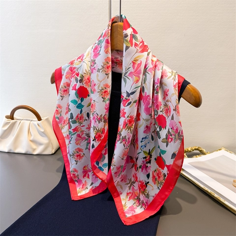 Women Floral Print Square Scarf Satin Polyester Satin Like Contrast Border Versatile Elegant Headscarf Neck Wrap
