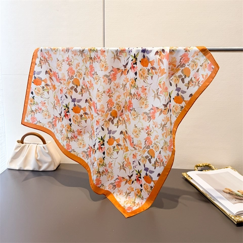 Women Floral Print Square Scarf Satin Polyester Satin Like Contrast Border Versatile Elegant Headscarf Neck Wrap