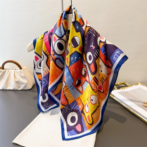 Foulard Quadrato In Raso Di Poliestere Effetto Raso Stampa Gatto Cartoon Artistica Chic Versatile Per Donne